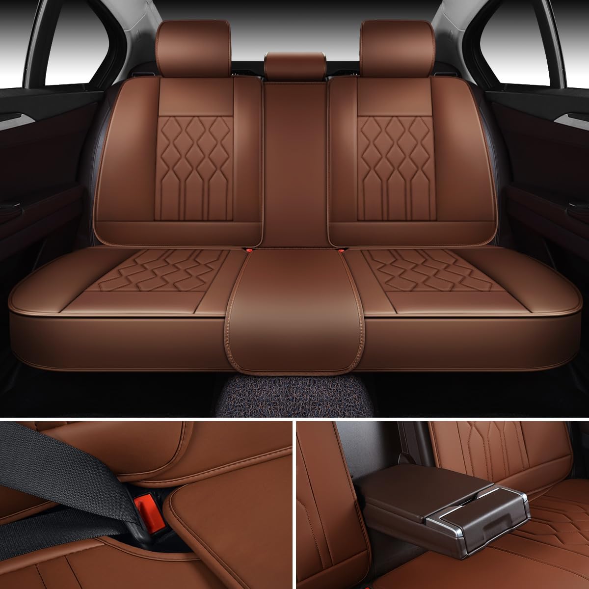 OASIS AUTO Car Seat Covers Premium Waterproof Faux Leather Cushion Universal Accessories Fit SUV Truck Sedan Automotive Vehicle Auto Interior Protector Full Set (Coffee) Full Set Coffee image 4 of 8 B0DG81QYMN