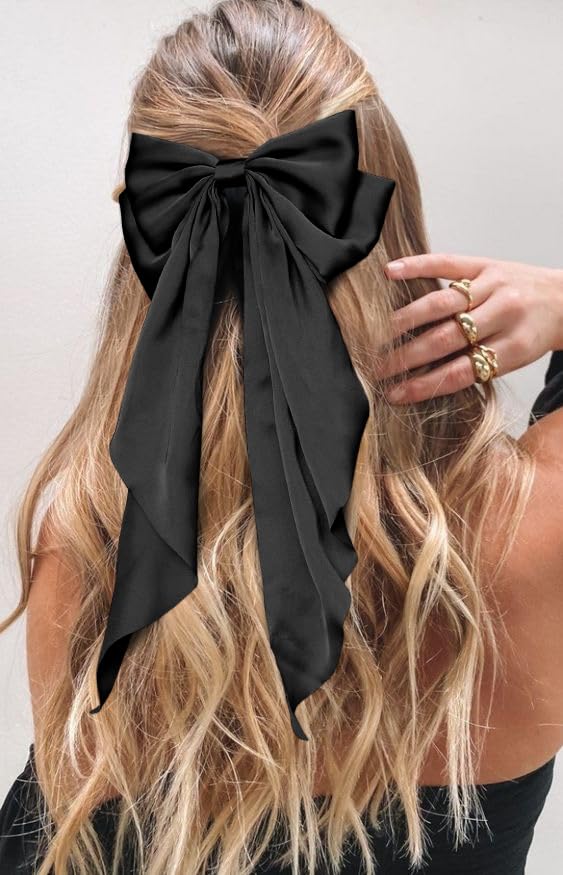 Miniatura 4 de Lazos para el pelo para mujer, clip para niñas, cinta de pelo negro, coqueta, pinzas para el cabello con colas largas, lazo de satén blanco,