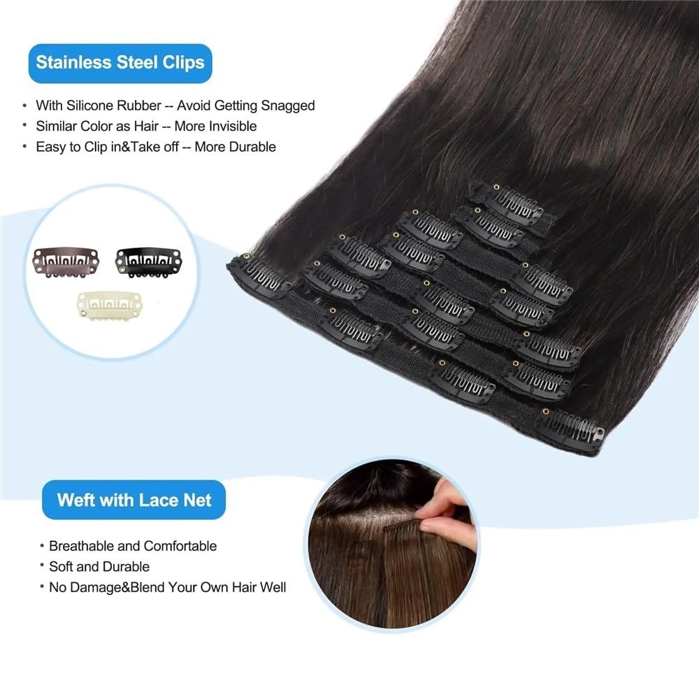 Przedłużki do włosów 30-66 cm, 120 g, 8 sztuk, clip in, gładkie, podwójne pasmo, naturalny czarny (#1B Off Black) (50 cm)