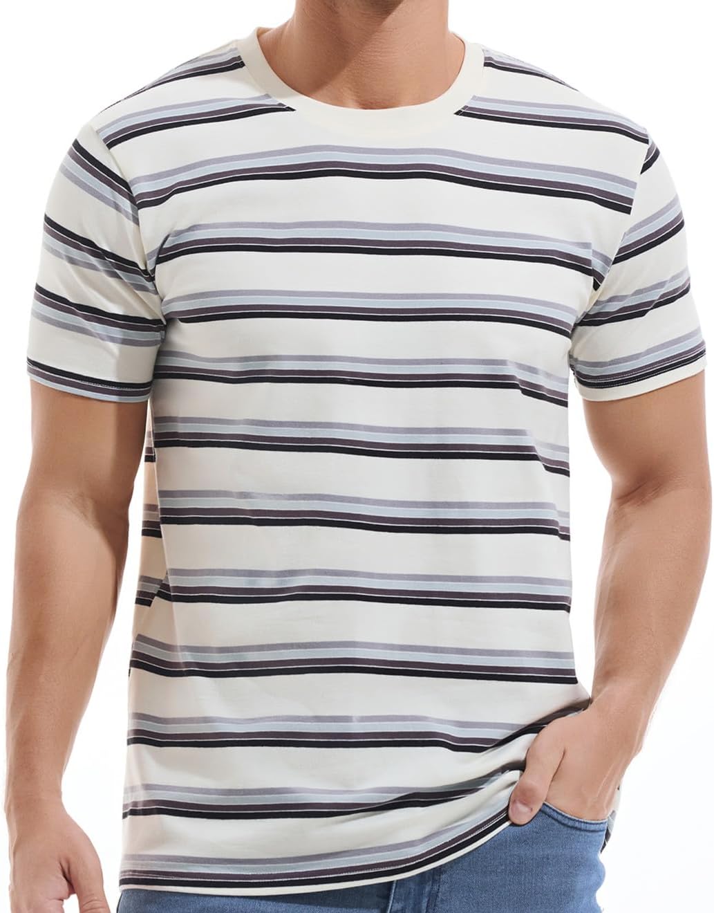 VEIISAR Men's Crewneck Striped T-Shirt Soft Elastic Cotton Tees
