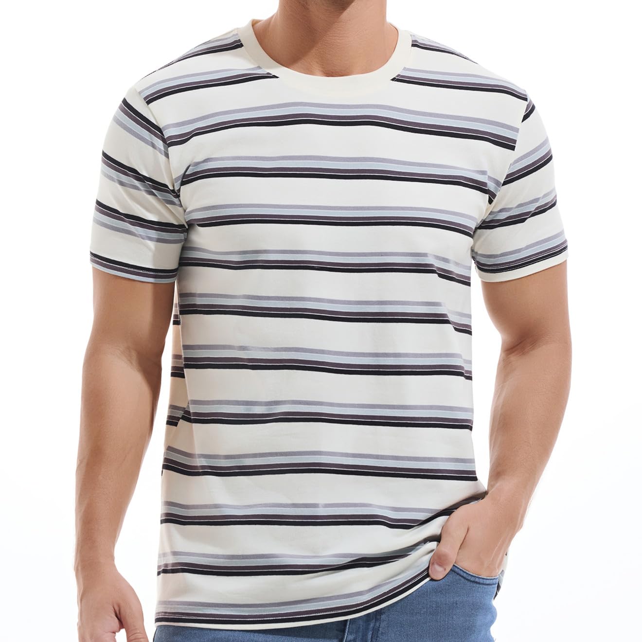 VEIISAR Gestreiftes Herren T-Shirt aus 95% Baumwolle & 5% Elasthan – Bequemes & elastisches T-Shirt – Casual Freizeit-Shirt