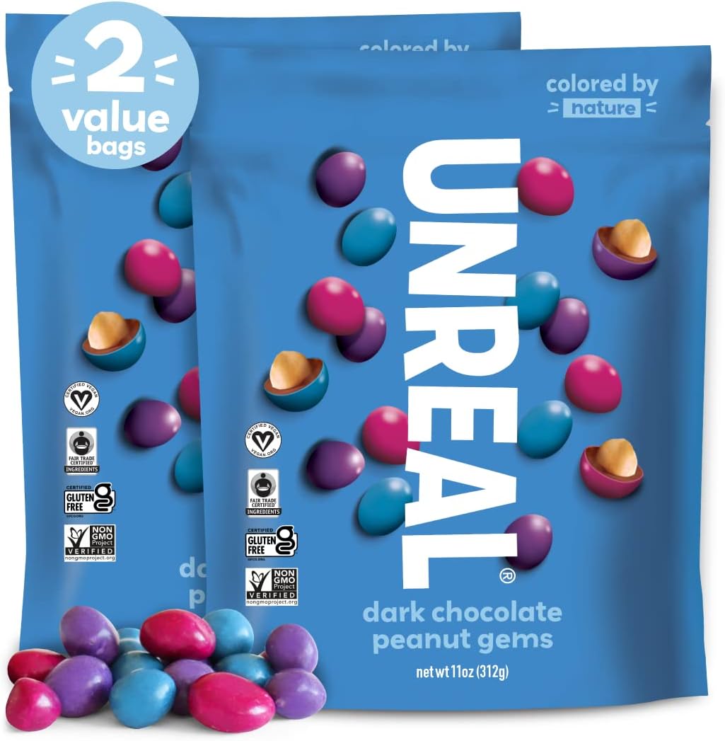 UNREAL Dark Chocolate Peanut Gems (2 Value Size Bags) | Vegan with Colors from Nature | Fair Trade, Non-GMO, & Gluten Free Ingredients | No Sugar Alcohols or Soy | 11oz each