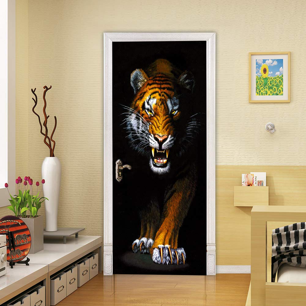Papier peint porte adhesif 93x205 cm trompe l'oeil tigre 3d
