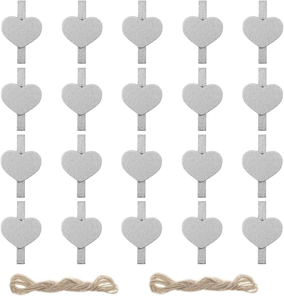 Silvery Heart Clothespins Mini Wooden Clothespins with Jute Twine Small Fun Decorative Wood Peg Pin Craft Clips for Pictures Photo Memo Card