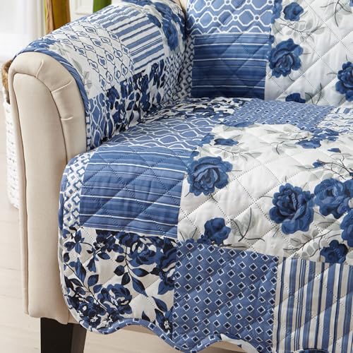 Image of Great Bay Home Reversible Patchwork Sofa Cover - Washable Slipcover Furniture Protector with Elastic Straps - Perfect for Kids & Pets - Box-Stitched Detail (Navy)
