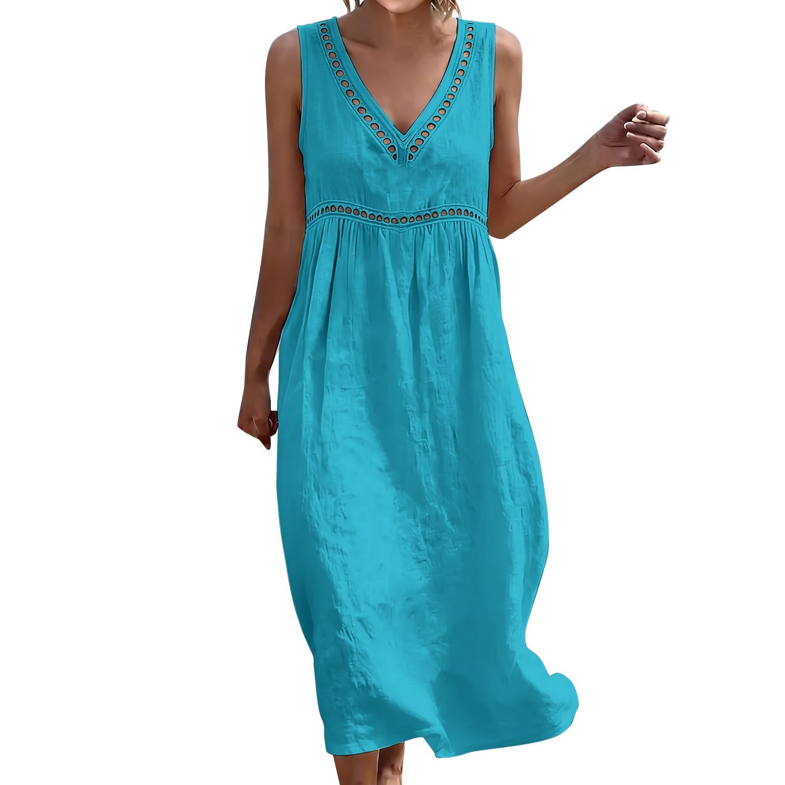 Abito estivo da donna, in cotone, lunghezza al ginocchio, stile boho, da spiaggia, con scollo a V, senza maniche, linea ad A, elegante, a vita alta, per il tempo libero, leggero e arioso