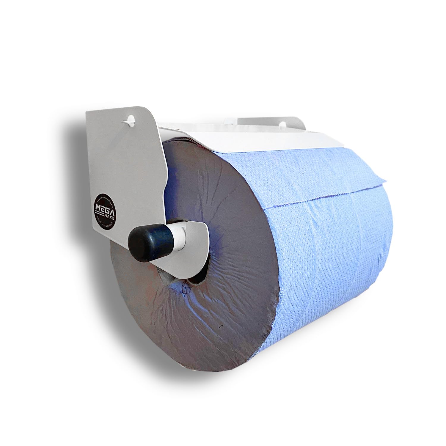 Megamaxx White Uk Blue Roll Holder With Stop Brake – Finish - Easy Wall Mount Installation - Paper Towel Dispenser For 220Mm Rolls – Durable Steel - Suitable For Sheds, Garages, Workshops – Uk Made