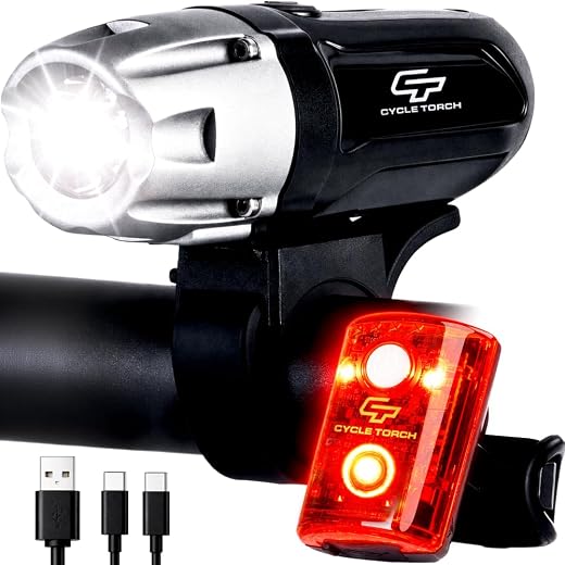 Cycle Torch Night Owl USB Rechargeable Bike Light Set, Perfect Commuter Safety Front and Back Bicycle Light LED Combo – Free Bright Tail Light - Compatible with Mountain, Road, Kids & City Bicycles