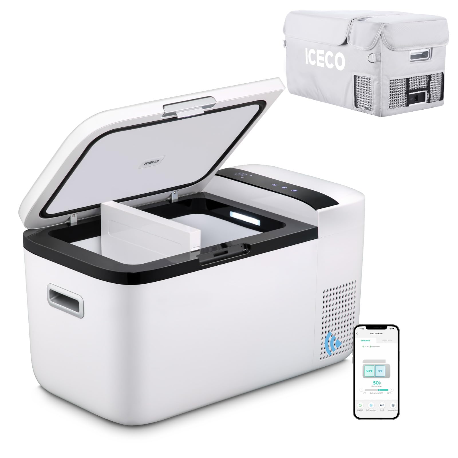 ICECO GO20 12 Volt Refrigerator with Bluetooth Controlled, 21 Quart Dual Zone Portable Refrigerator, Car fridge Powered by SECOP, 0℉～50℉, 12V-24V DC, 110V-240V AC, For Travel, Car Use, With Cover