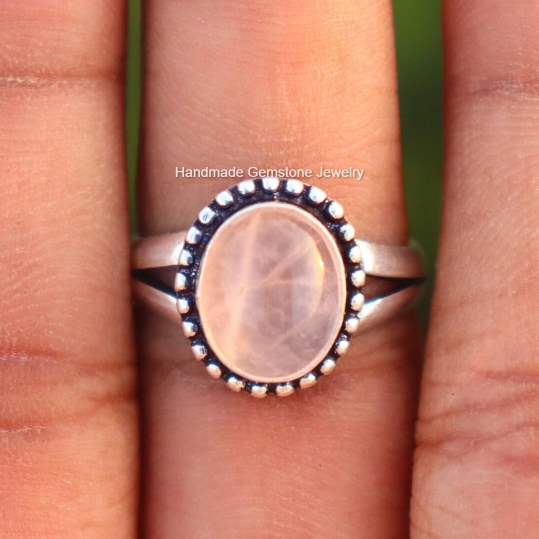 Handmade Natural Rose Quartz Oval Stone Ring - Sterling Silver Self Love Engagement Wedding Band, Pale Pink Gemstone Jewelry for Women, Friendship Gift, Minimalist Simple Design