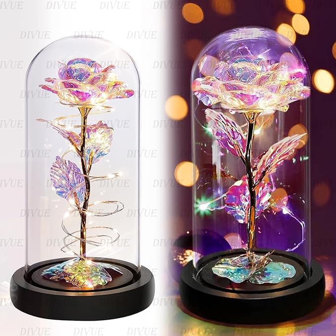 ASOMA Rose Flower Gifts for Women,Colorful Rainbow Artificial Flower Rose Light Up Rose in Acrylic Dome,Women Gifts,Valentines,Anniversary,Wedding Gifts (Rose Flower Gift with Leaf)