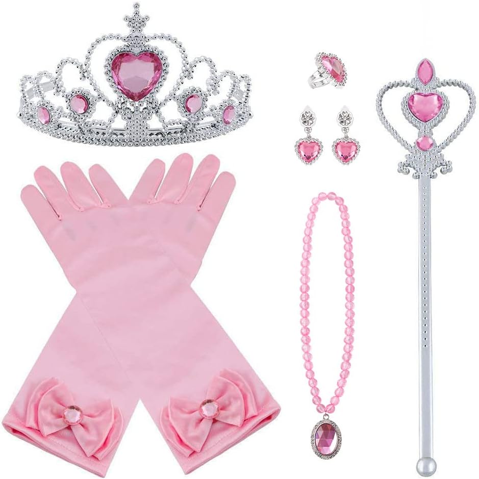 Vicloon Elsa Dress Up Accessories Set of 9, Elsa Gloves, Princess Crown, Ring, Earring, Magic Wand and Necklace (Pink)