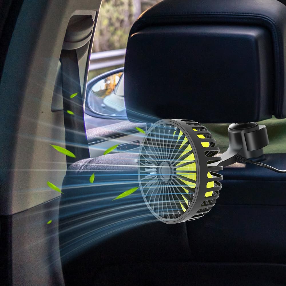 Ventilateur Voiture USB pour Siège Arrière, Refroidissement Silencieux Ventilateur pour Voitures avec 3 Modes de vent fort et Rotation à 360°, pour Voiture, SUV, RV, Camion, Van