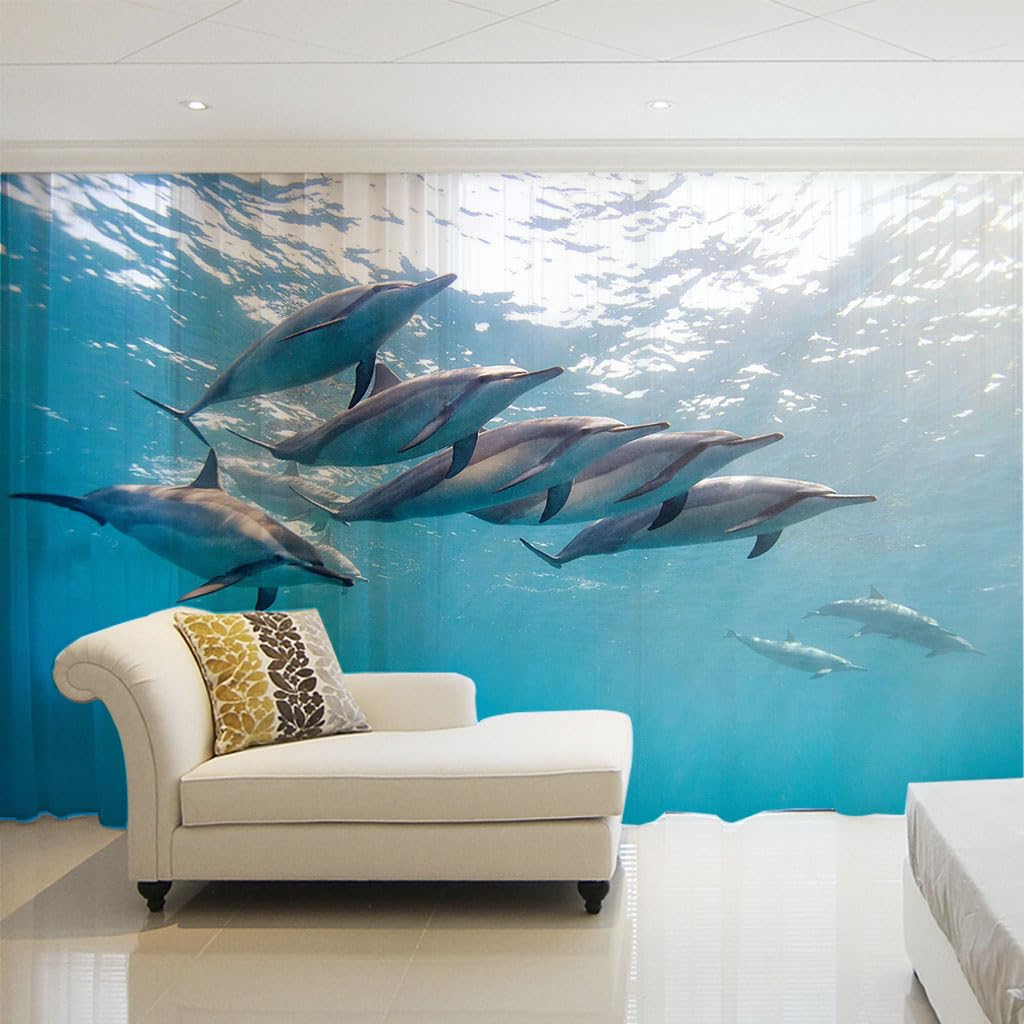Rideau semi-transparent pour fenêtre chambre salon lot de 2 panneaux 140x260cm motif baleine