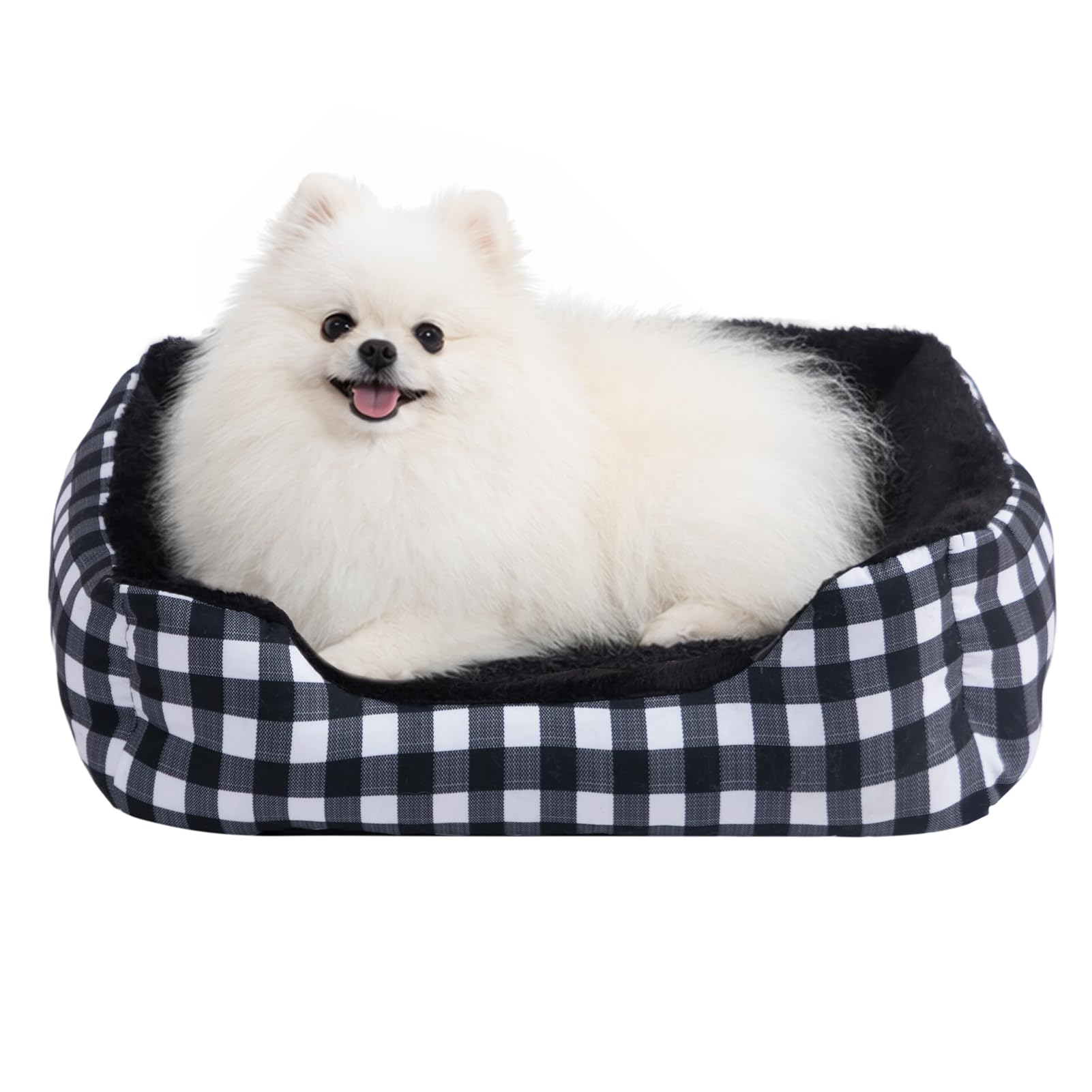 Panier rectangulaire en peluche pour chien et chat noir à carreaux