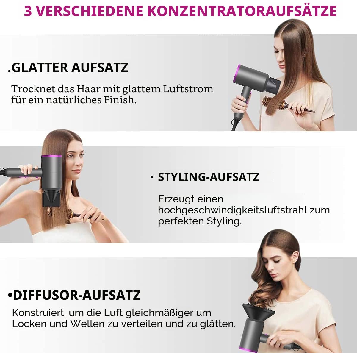 Ionen Föhn AC Motor 1800W Haartrockner, slopehill Schnelltrocknen Hair Dryer, Salon Haarfön mit Heiß-/Kalttaste, 3 Fön Concentrators and Diffuser, 3 Temperatureinstellungen, 2-Gang（Violett）