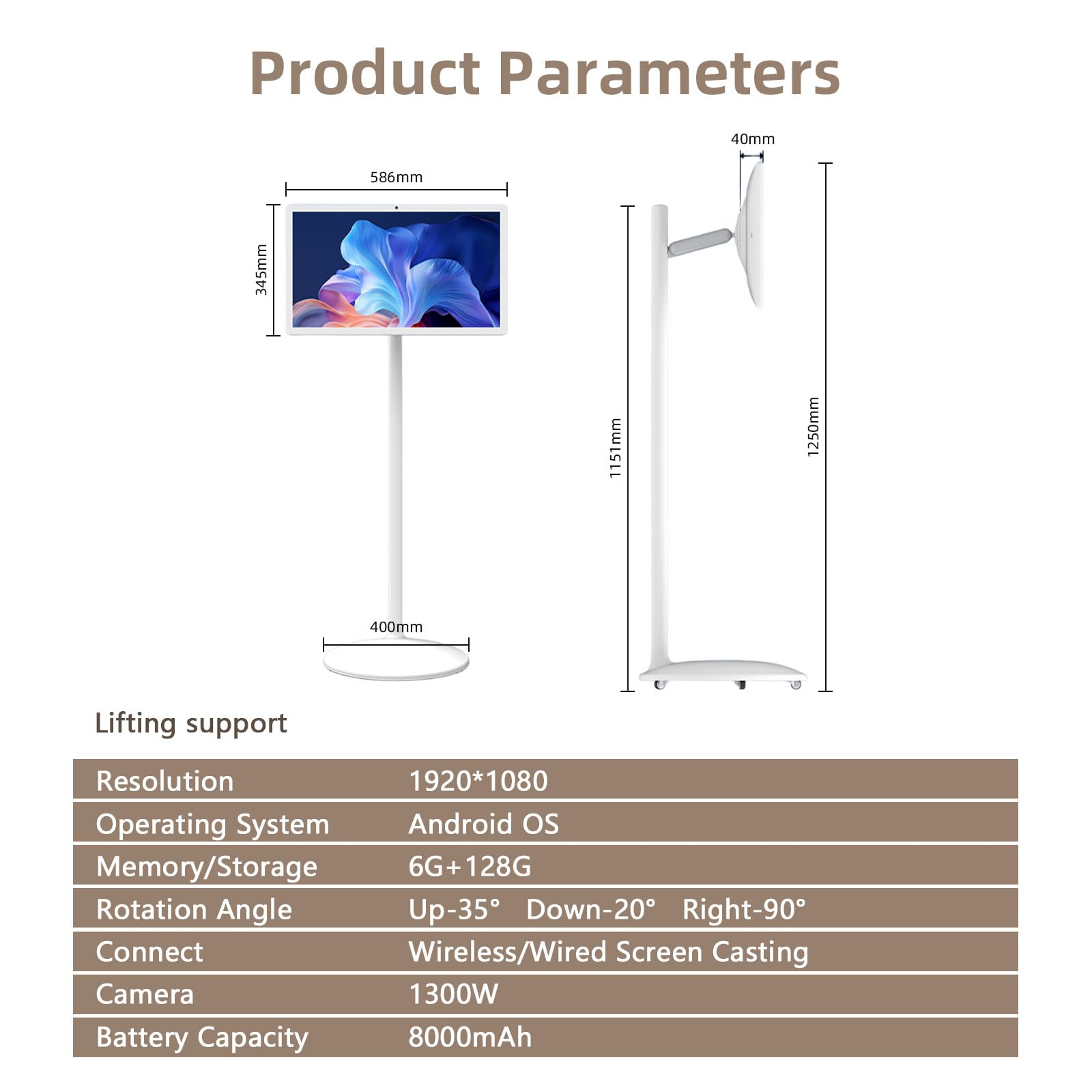 TV Portatile con Piedistallo, Monitor Intelligente Portatile, Supporta la modalità Orizzontale/Verticale,Batteria Integrata da 8000 mAh,Android OS, 6+128G 25inch