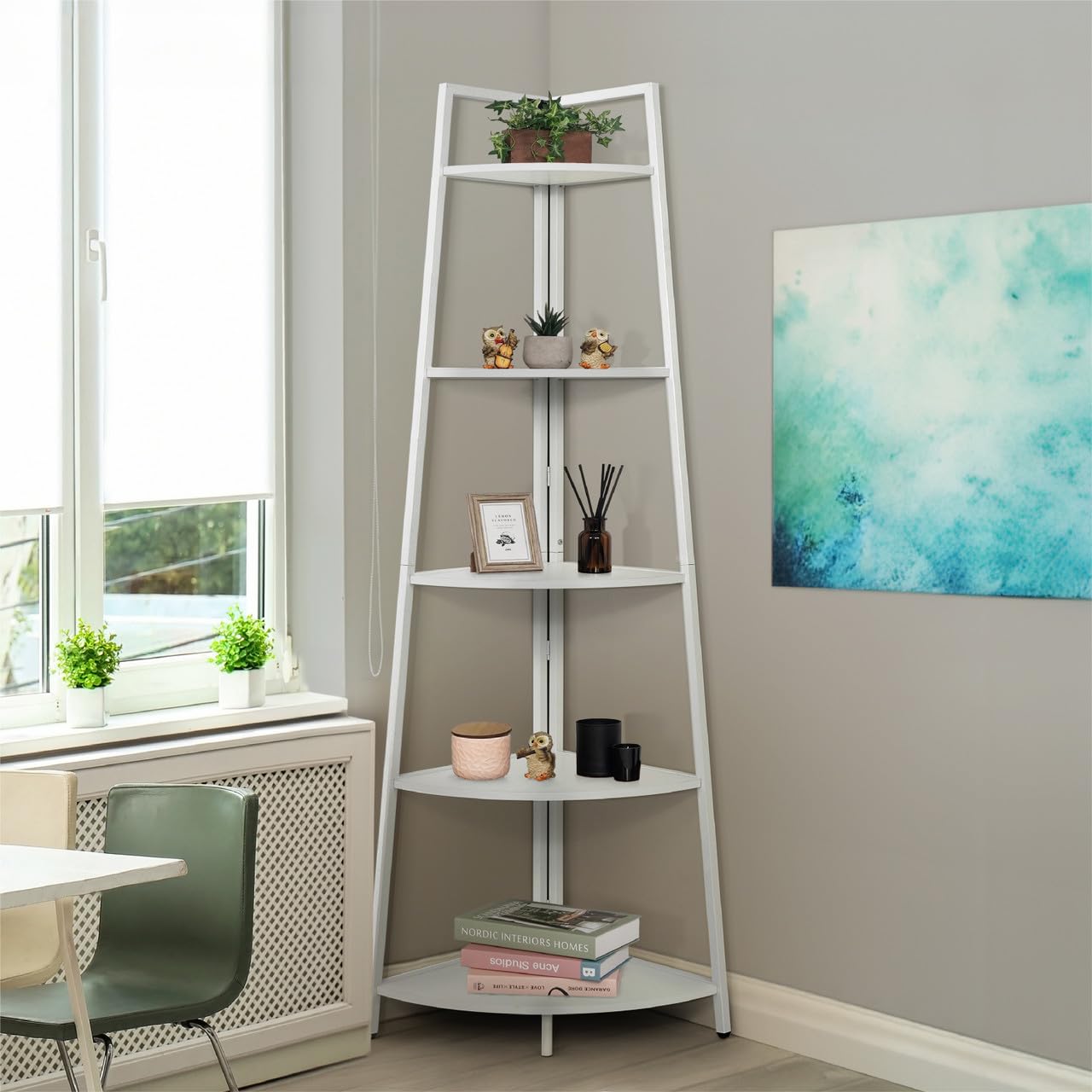 CAPHAUS 5-Tier Corner Shelf Stand, Tall Display Shelves, Ladder Corner Wood Storage Plant Bookshelf with Metal Frame, Versatile Shelving Unit Bookcase for Home Office Space, White