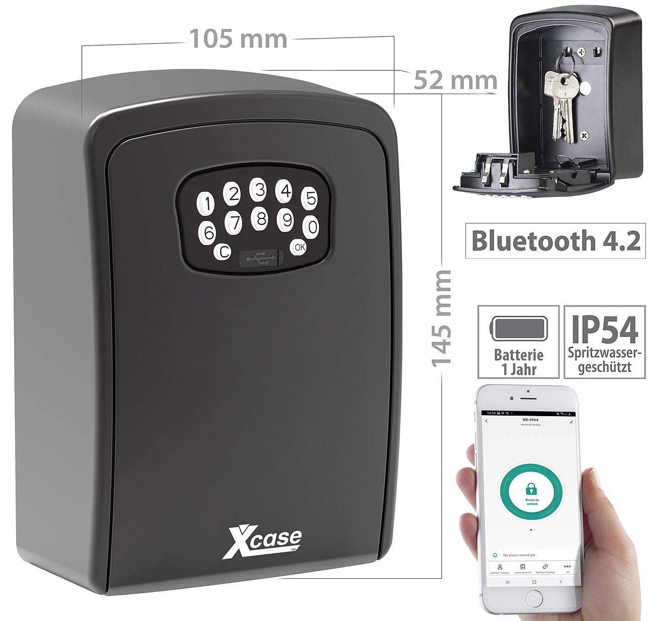 Xcase Schlüsselsafe: Mini-Schlüssel-Safe SAF-100.app mit Bluetooth und App, IP54 (Schlüsselbox mit Code, Key Box, WLAN)