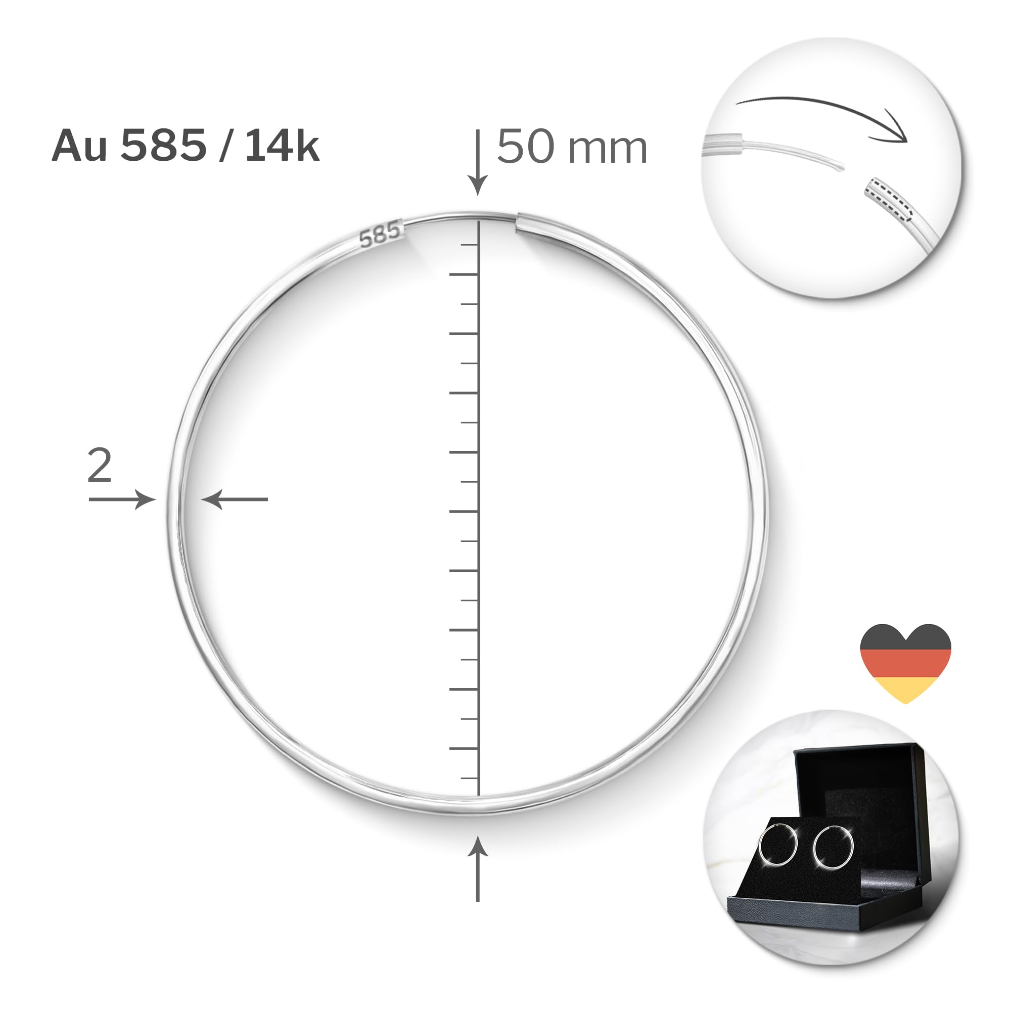EDELIND Creolen Gold Groß 50 mm 375 585 750 Weißgold Breite 2 mm Hoop Ohrringe Damen Mädchen 9 14 18K Echt Gold Damenohrringe mit Schmuck Geschenk Box