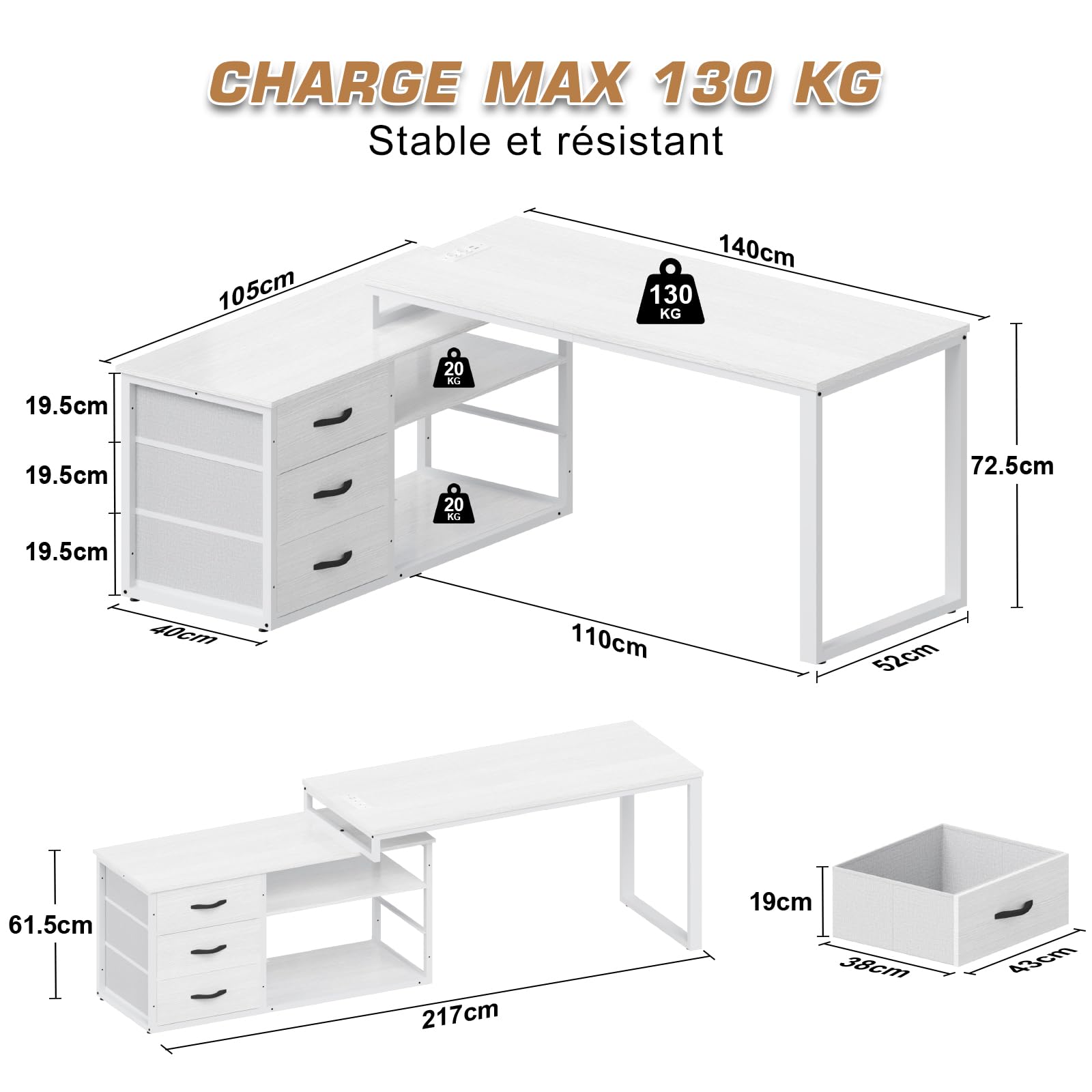 TRIUMPHKEY Bureau d'angle L 140x105cm, 3 Tiroirs & Prises USB, Blanc