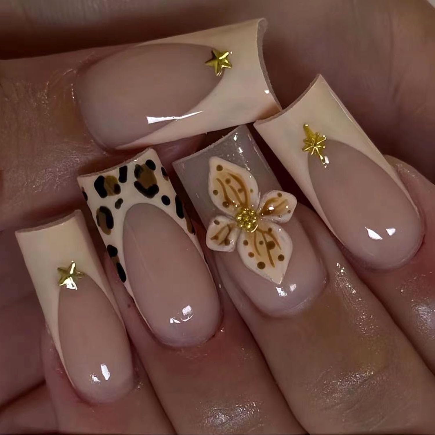 Medium Long Square Press on Nails Light Yellow French Acrylic Nails Flowers Fake Nails Leopard Translucent Nails Press ons Gold Stars & Rhinestones