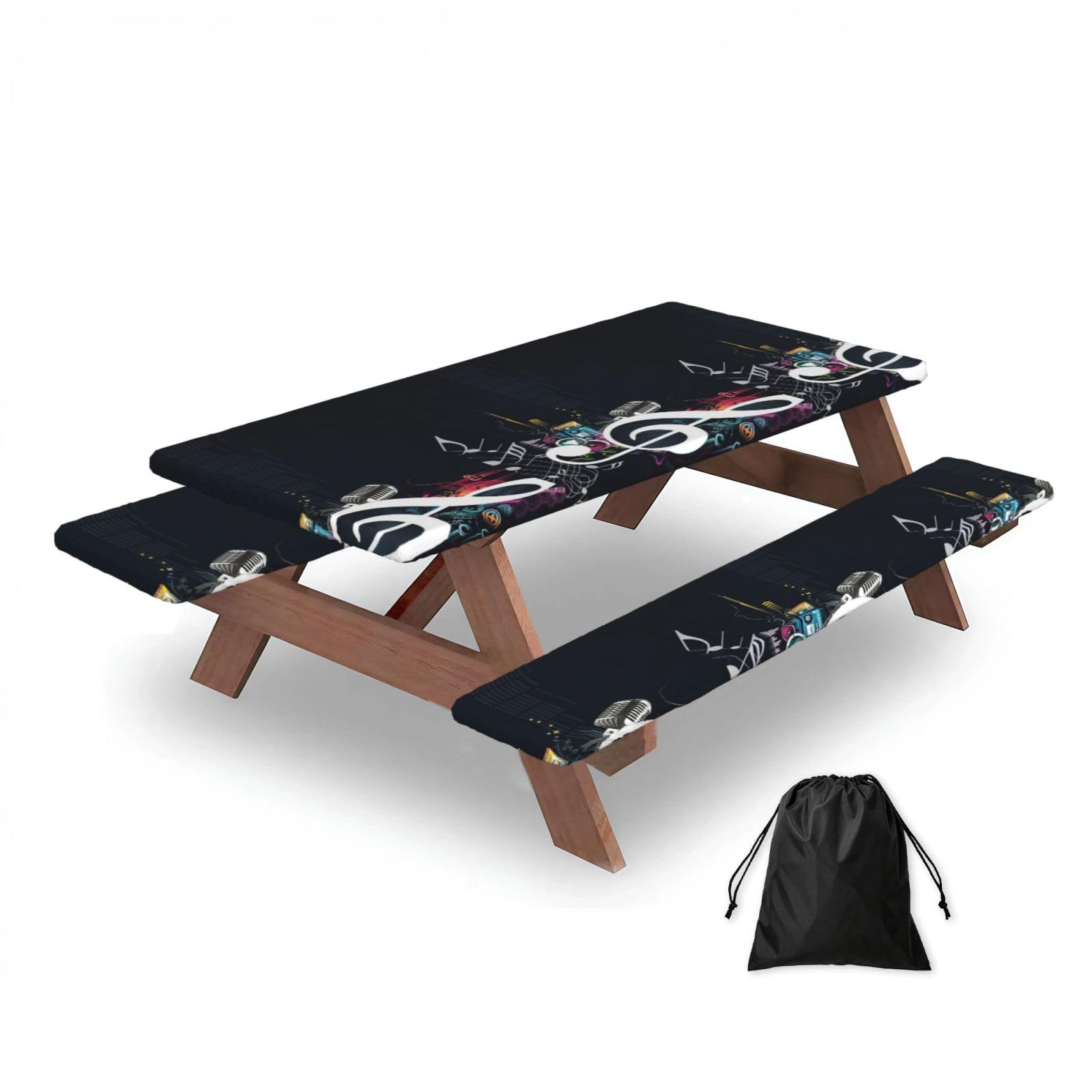 Abstract Music, Picnic Table Cover With Bench Covers -Waterproof Elastic Fitted Tablecloth for Garden Camping Patio 76x152cm