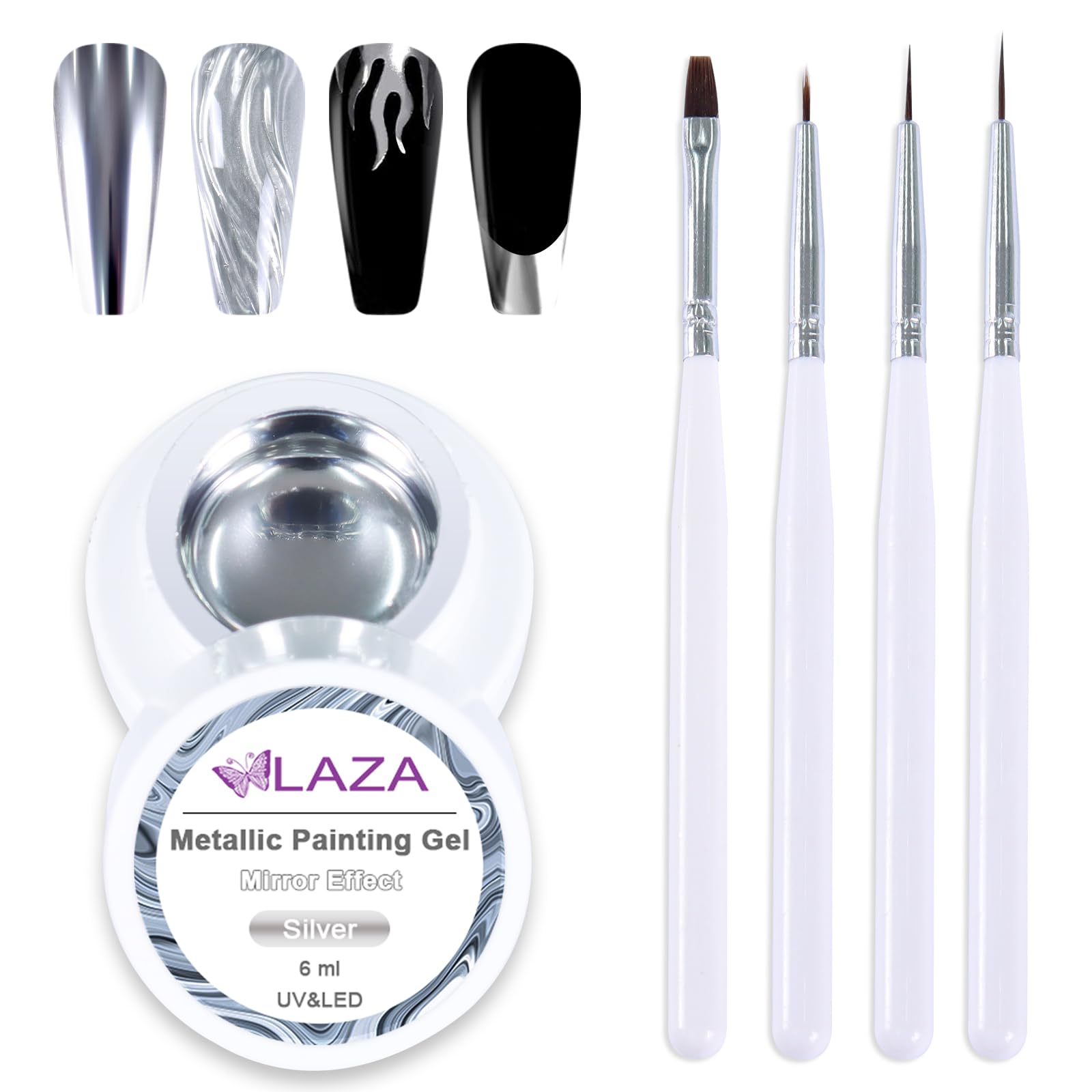 Laza 6ml Metallic Painting Gel with Nail Art Brushes Chrome Nail Polish Soak Off UV/LED Gel Paint Liquid Chrome Glossy Reflective Mirror Effect Gel Liner 3D Nail Art Design — Silver