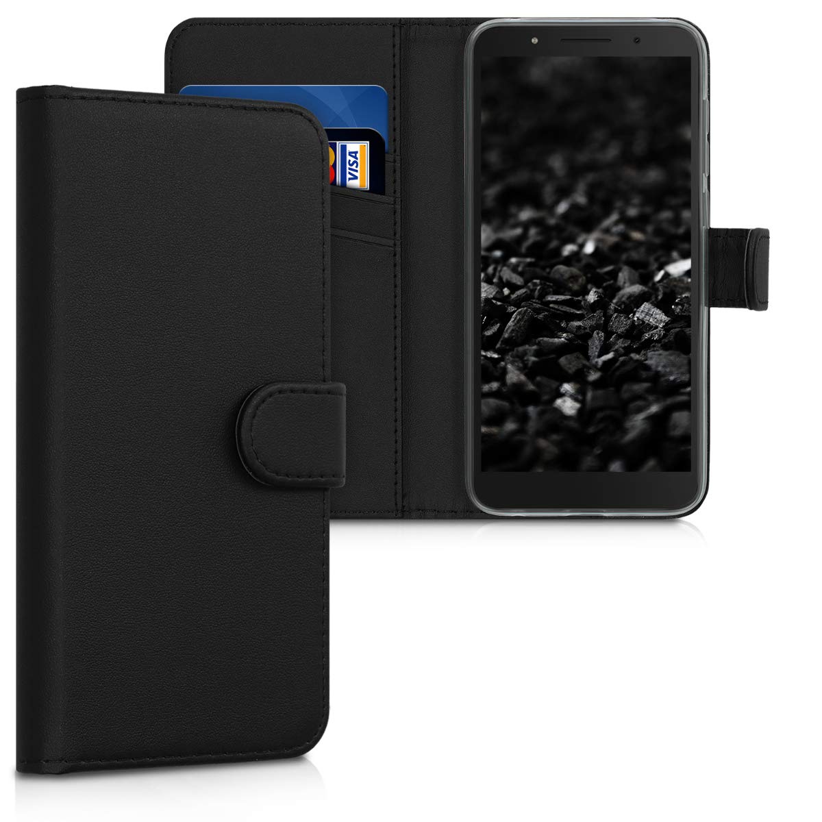 Funda Para Alcatel 1B (2020) - Con Tarjetero Y Soporte | Piel Sintética Negra