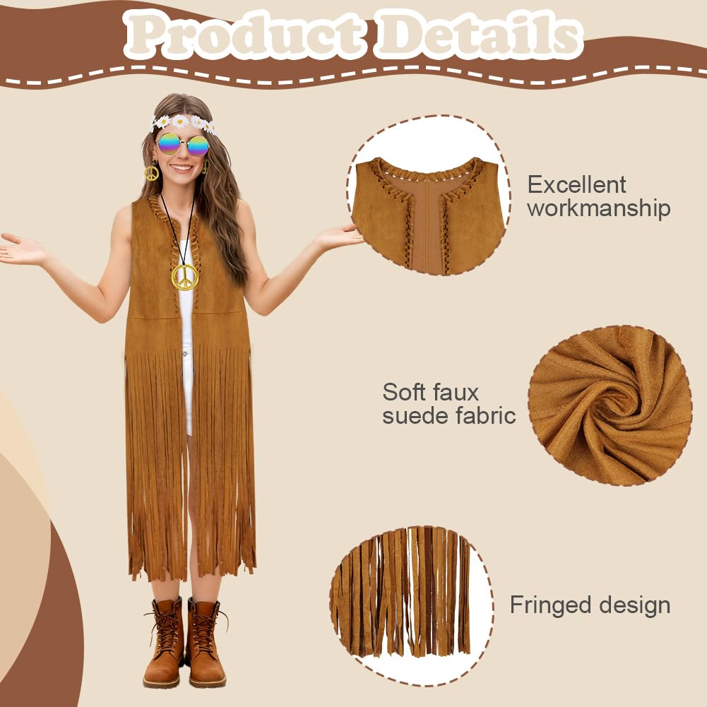 AOOWU Western Cowgirl Costume Set, 6Pcs 70s Hippie Fancy Dress Accessories for Women with Tassel Vest Necklace, Earrings - Image 3
