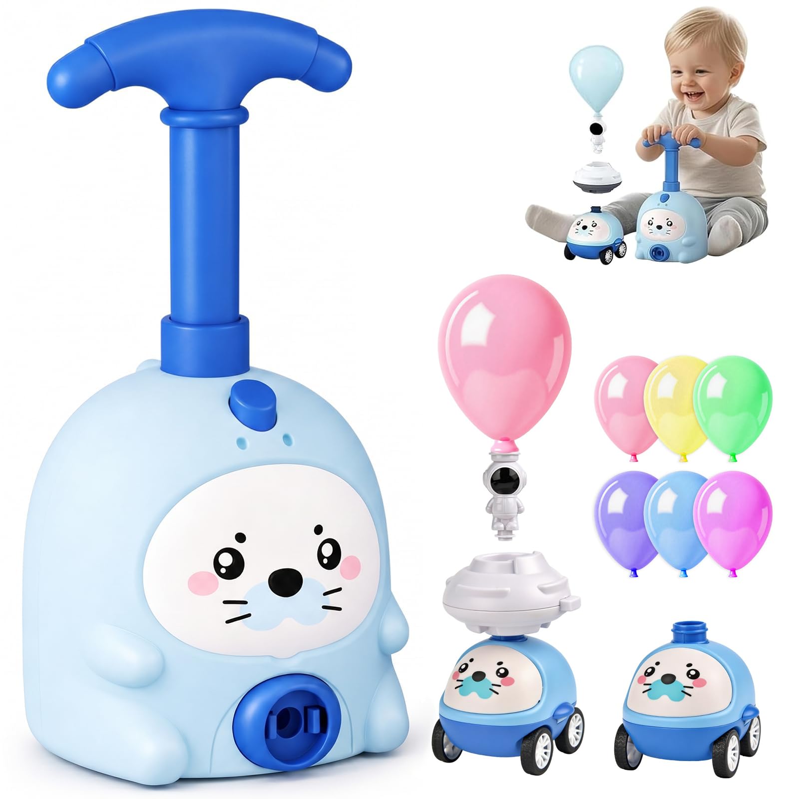 Baby Toys Balloon Powered Launch Car, Inflatable Balloon Car Toy Pump with Balloon Launcher, Air Powered Vehicle Sensory Toys for 1 2 3 Year Old Boys Girls Birthday Early Educational