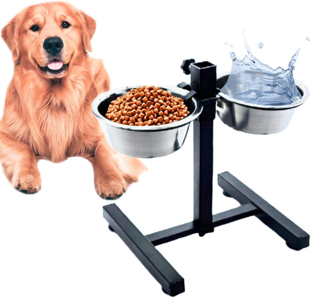 Adjustable Elevated Dog Bowls with Stand, Stainless Steel, 2 Bowls, Rubber Feet (50oz)
