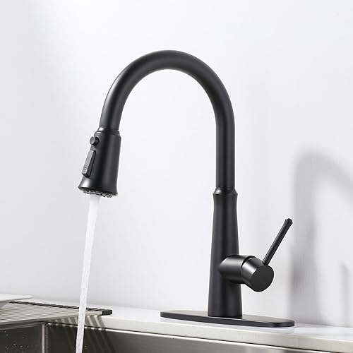 Miniatura 5 de WOWOW Grifos de cocina negro mate con rociador extraíble, grifo de fregadero de cocina de acero inoxidable para fregaderos de 1 o 3 agujeros, grifo