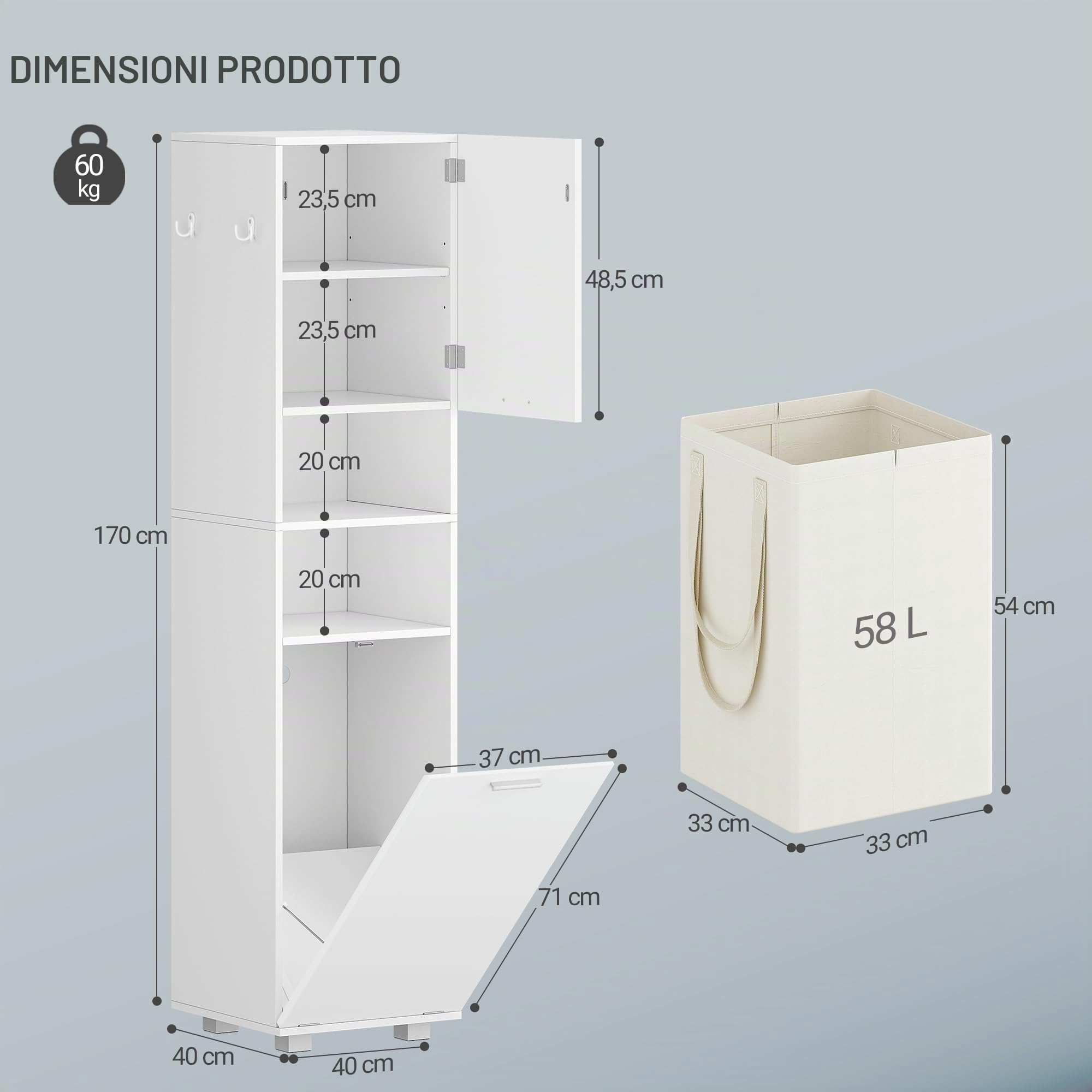 Hzuaneri Colonna Bagno, Mobile Bagno Salvaspazio, Armadio Alto per Immagazzinaggio con Cesto per Abiti Sporchi, Ripiano Regolabile, Adatto per Bagno e Lavanderia, 40 x 40 x 170 cm, Bianco BC72003X