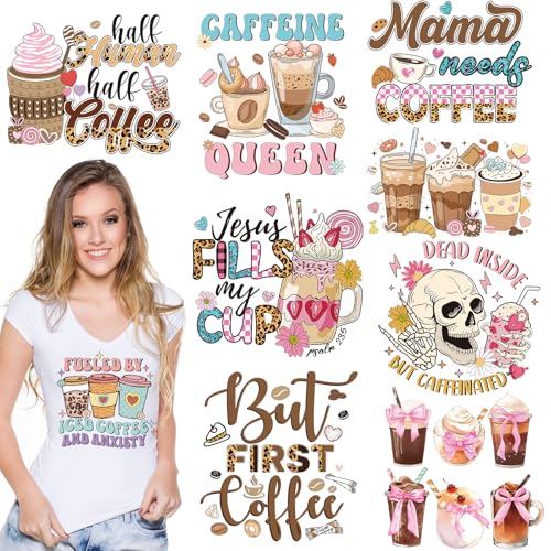 Dazoratix Coffee Iron on Transfers - 9 Sheets Cute DTF Transfer Ready to Press Xmas Heat Vinyl Stickers Retro Sunflowers Patches Decals for Women T-Shirts Clothing Hoodie Winter DIY Crafts Decorations