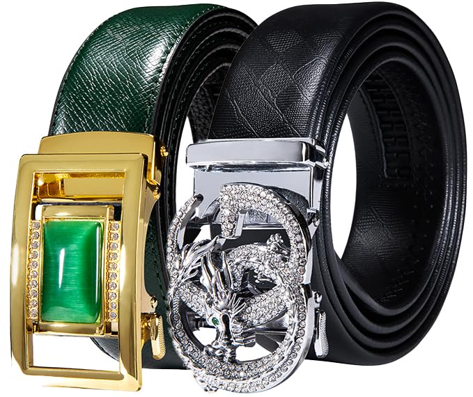 Image of Barry.Wang Mens 2 Pack Ratchet Belts Leather Adjustable 1 3 /8 inch Gift Box | Smooth Sliding,Trim to Fit,Click Belt Set for Dress Casual,Fashion Classic,Business,Birthday,Anniversary,Halloween,Christmas
