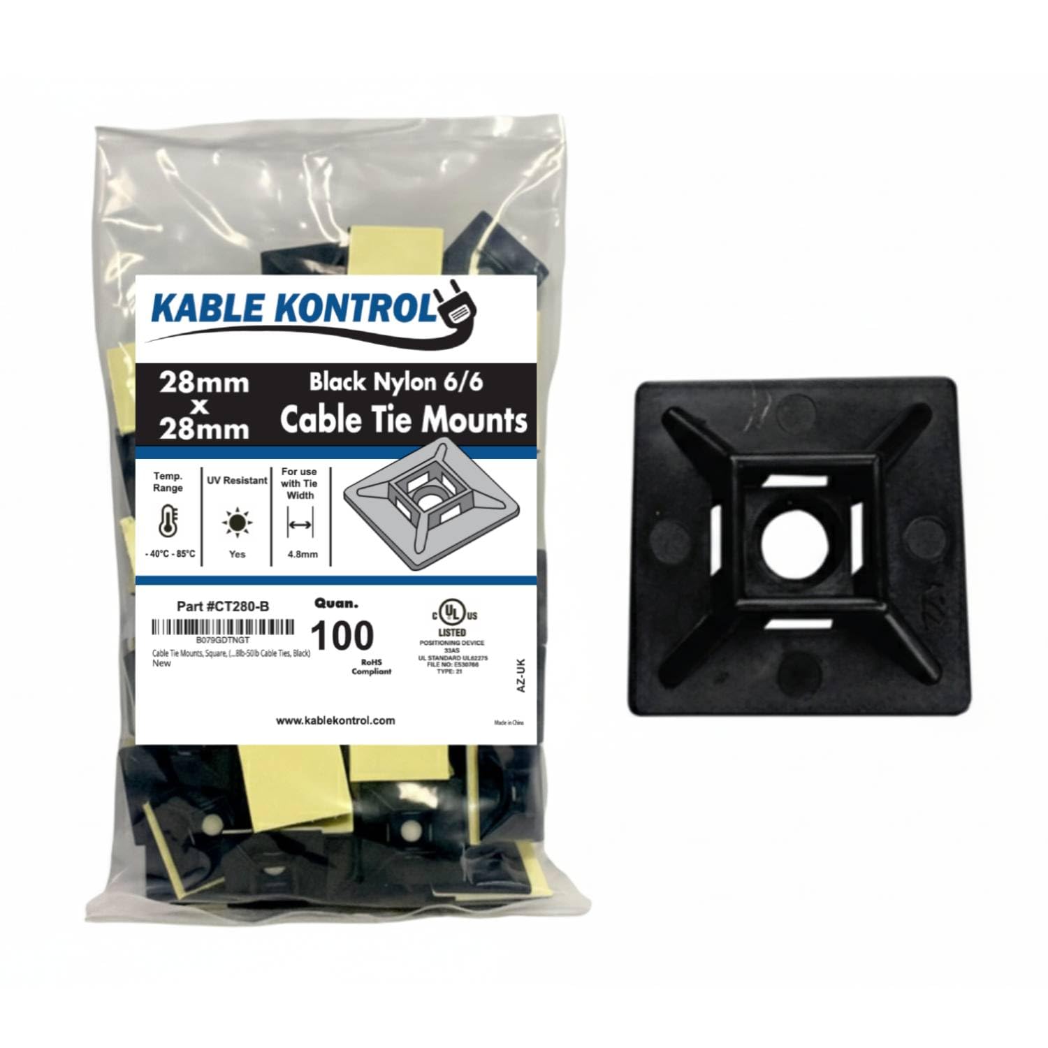 Kable Kontrol Black Zip Tie Bases, 28 mm x 28 mm, Pack of 100 Cable Tie Adhesive Mounts Self Adhesive Mounts Multi-Purpose Zip Ties Bases, Cable Holder Sticky Pads - Black