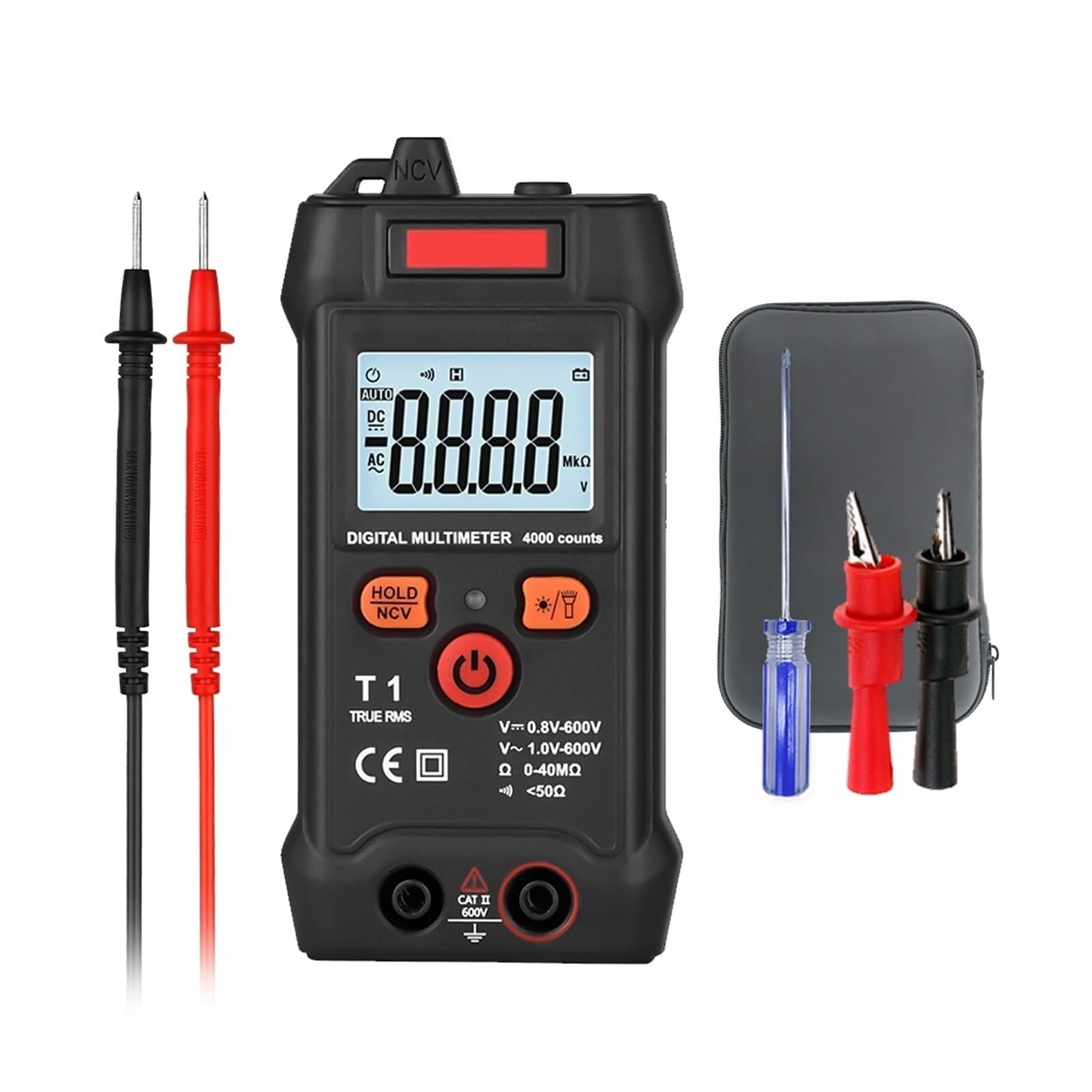 Tester Multimetru Multimetr Cyfrowy 600 V 4000 Zlicza Ture RMS AC DC NCV Inteligentny Multimetr Tester Miernik Napięcia Rezystancji Precyzja Bezpieczny(T1-C bag)