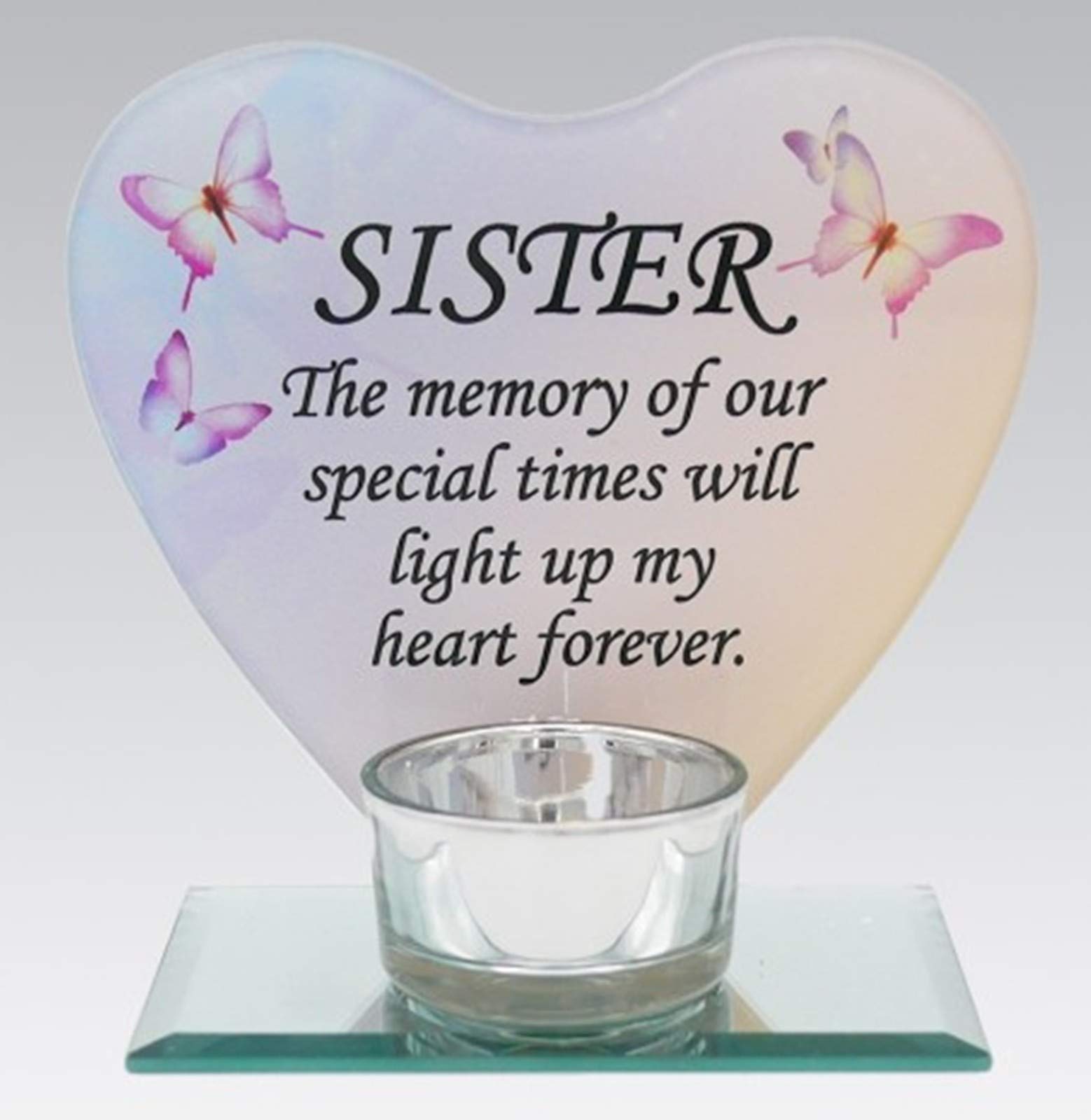 Sister Glass Heart Memorial Plaque Tealight Candle Holder Floral