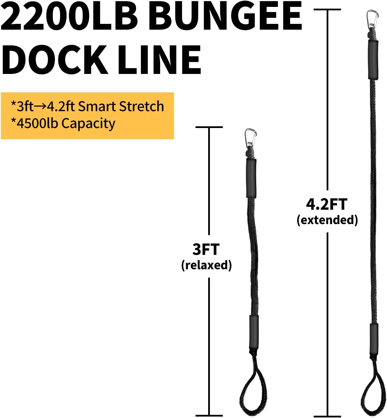 Bungee Dock Line for Boats – 3ft Elastic Mooring Rope with Stainless Steel Clip – Quick Dock Tie for Jet Ski, Pontoon (Black)