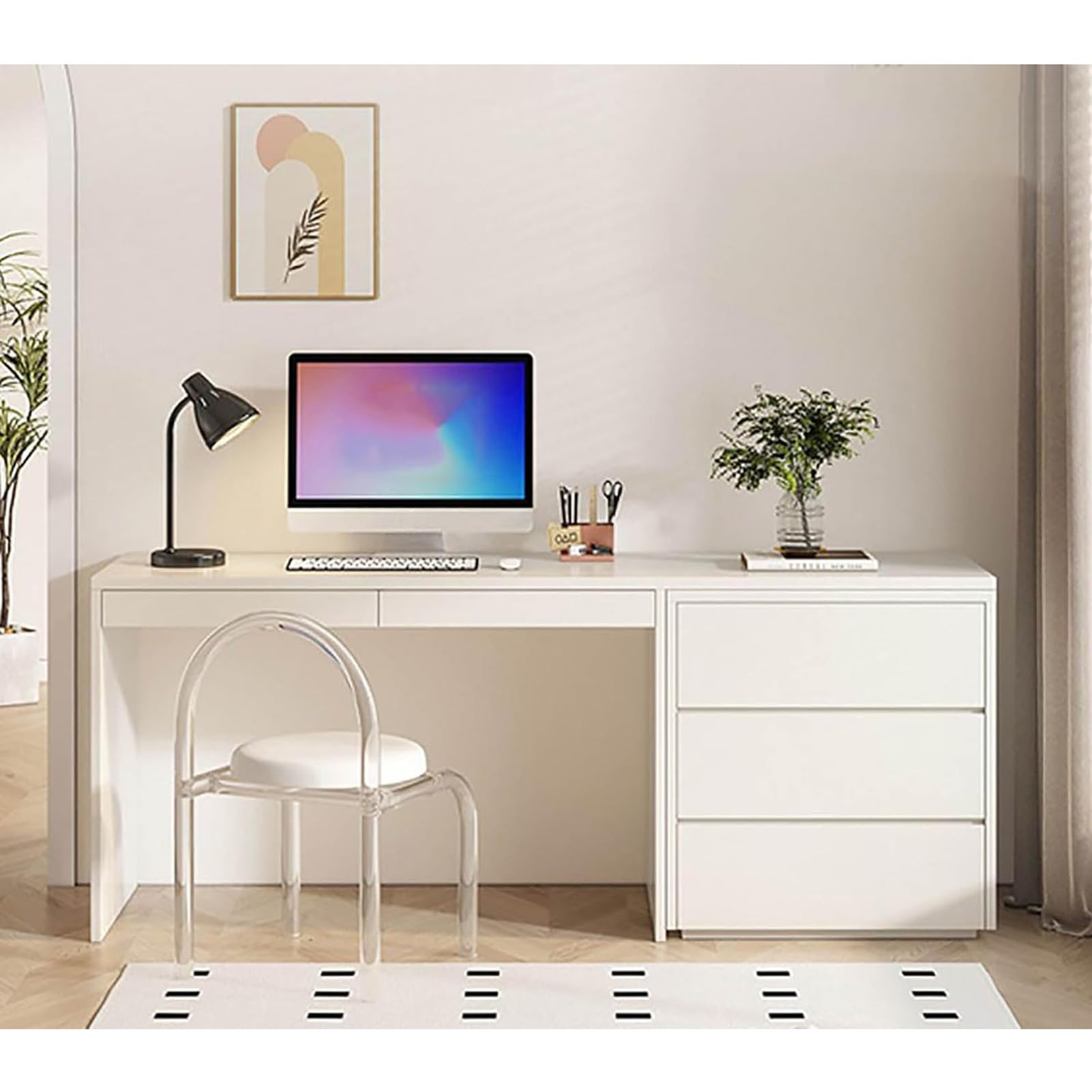 Escritorio moderno de madera maciza blanca con almacenamiento, mesa de estudio para estudiantes, muebles de oficina en casa (59 x 15 x 29 pulgadas), diseño elegante y funcional