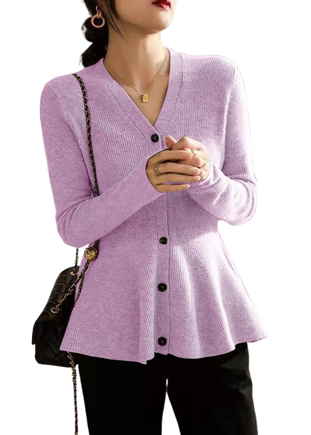 chouyatou Womens Fall Lightweight Peplum Cardigan Sweater Button Down Cardigan Jacket Business Casual Top