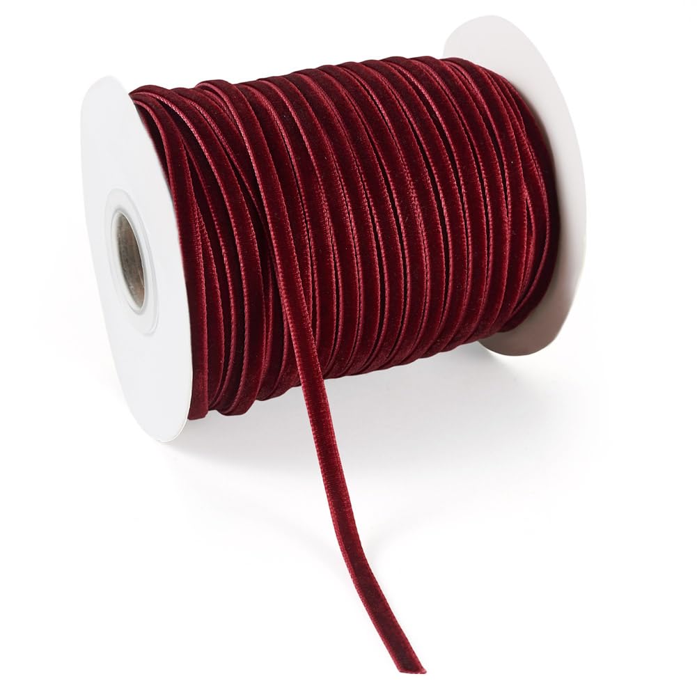 50 Yards/Roll Dark Red Single Face Velvet Ribbons Flat 3mm (0.12inch) with Spool for Gift Packing Wedding Decoration DIY Crafts Christmas Wreath Party Decoration Hair Bow Making