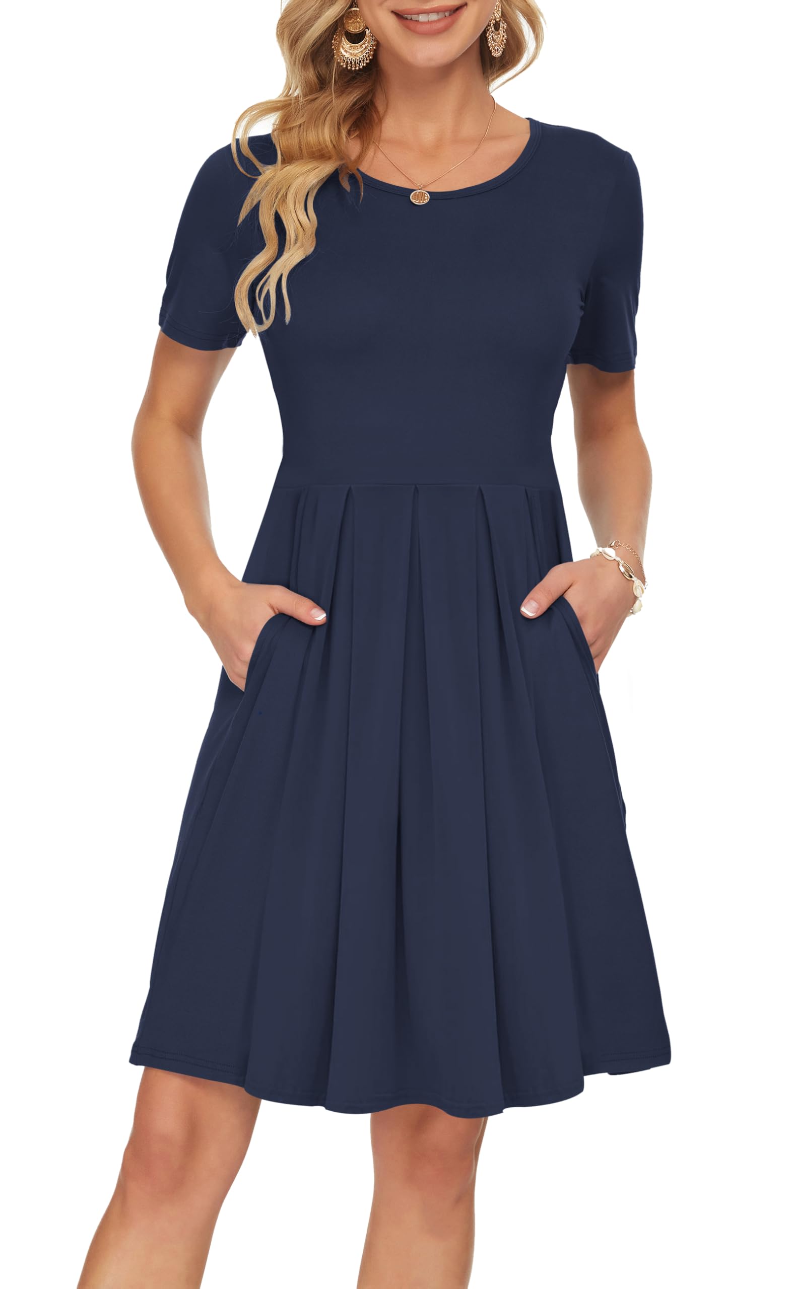AUSELILY Women's Short Sleeve Pleated Swing Summer Dress with Pockets