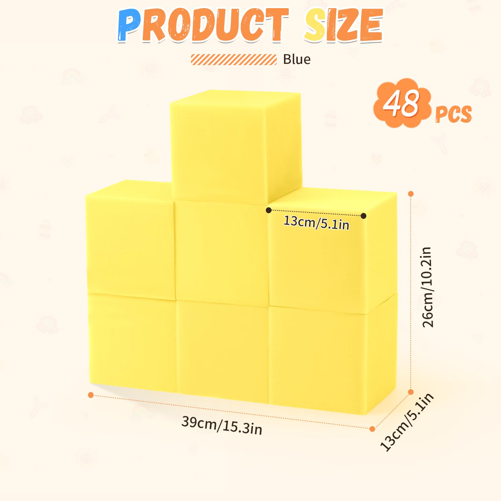 TRENDBOX 48 bloques de espuma de 5 x 5 x 5 pulgadas, bloques acolchados de espuma, bloques de espuma de esponja para parque de atracciones, gimnasia, cursos de freerunning y parkour, color amarillo