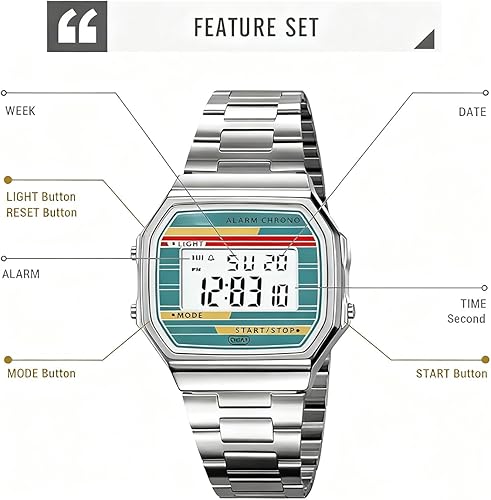 Miniatura 4 de Reloj digital retro con banda de acero inoxidable, alarma, crono, luz LED, 98.4 ft, impermeable, vintage, reloj de pulsera electrónico para hombres