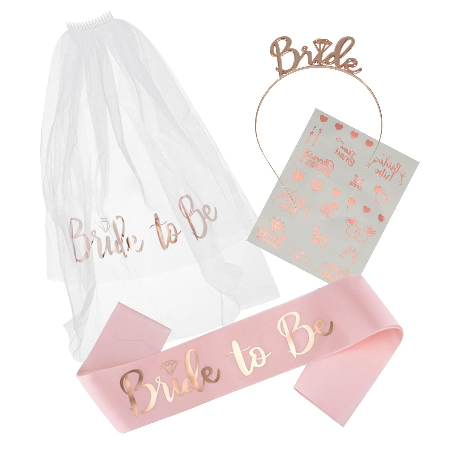 AIBAOBAO Bride to Be Sash, Hen Party Accessories Set - Headband Tiara, Veil With Comb, Tattoos - Gifts and Decorations for Wedding, Bridal Shower, Bachelorette Party