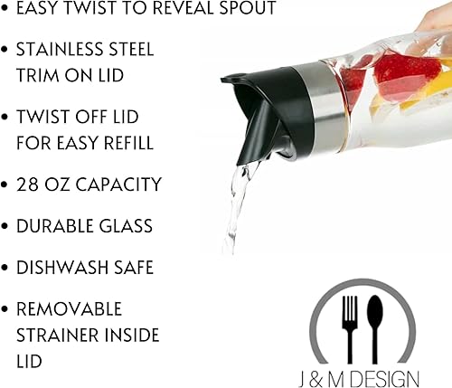 Miniatura 8 de J&M DESIGN Jarra de agua de vidrio de 28 onzas con tapa de acero inoxidable y plástico de fácil torsión, con colador extraíble para bebidas de jugo,