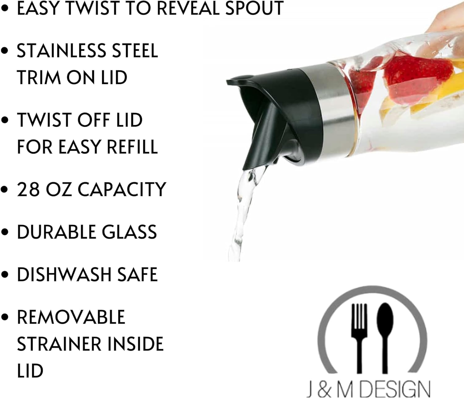 J&M DESIGN Paquete de 3 jarras de vidrio de 28 onzas con tapa, jarra de agua de acero inoxidable y tapa de plástico fácil de girar con colador extraíble, jugo, bebidas, té helado, café, leche, apto