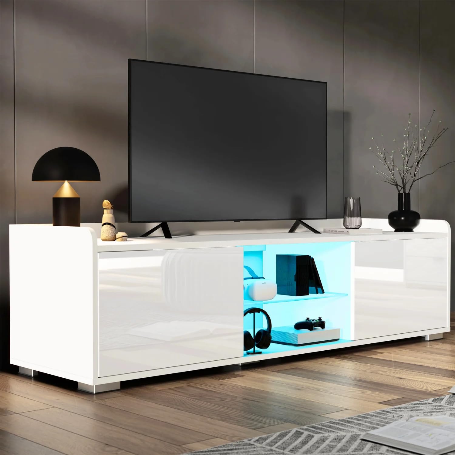 Blisswood 140cm White TV Unit – Modern LED TV Stand Cabinet with 20-Colour Remote-Controlled Lights, High Gloss Doors, Glass Shelf, Side Cupboards & Storage, Suitable for 43–55” TVs
